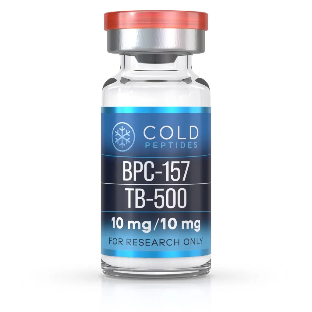 A peptide vial containing a blend of BPC 10 mg and TB-500 10 mg